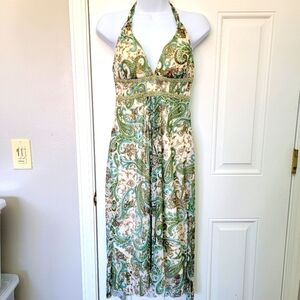 Ruby Rox Vintage 90s Y2K Lined Halter Dress Green Cream Paisley Gold Trim Size M